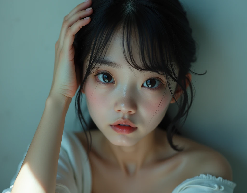 Realistic glowing skin, (発Sweat:1.8),sitting backwards,Look back at your face,Always look at the camera,(発Sweat:1.8),(Beautiful nipples in real life:1.6),,(whole body:1.9),(発Sweatしたリアルな白い肌:1.9),White socks, (Black leather shoes:1.8),
,Cold look,Cold Stare,Black Hair,short hair,Tie your hair short,Silky translucent white skin,,(Very detailed美しい顔), Great face and eyes, (Highest quality:1.4), (Very detailedな), (Very detailed CG 統合 8k 壁紙), Very detailed, High resolution raw color photos, Professional photography, Realistic portrait,Sweat,,(A Cup:1.9),(Flat Chest:1.9),(Very small breasts:1.9),(Breast augmentation:0.1),(Small breasts beginning to swell:1.9),(Breasts during puberty:1.9),
, (少女のwhole bodyの詳細なRAW写真), Canon EOS R5 250mm, Sharp focus, Cinema Lighting,  (No makeup:1.2), Fine skin, Delicate collarbone,,(Ultra-high resolution:1.6), (Realistic:1.6),,(Japanese junior high school girls:1.9),(whole body:1.8),(Sweatが滴る肌:1.9),(Black pleated skirt for the lower body only:1.9),(Sweatで滲んだ肌:1.9),(Age is :1.9),(Raise one hand above your head:2),(Topless:1.9),Height is 155cm,Non-erect, thin nipples,very small nipples,Natural nipples,Real girl nipples,Not disgusting nipples、 (Armpit hair just starting to grow:1.9),(sit cross-legged:1.9),Sitting cross-legged,Sit, (Sitting cross-legged:1.9),