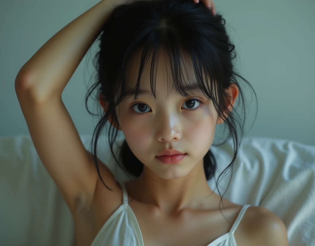 Realistic glowing skin, (発Sweat:1.8),sitting backwards,Look back at your face,Always look at the camera,(発Sweat:1.8),(Beautiful nipples in real life:1.6),,(whole body:1.9),(発Sweatしたリアルな白い肌:1.9),White socks, (Black leather shoes:1.8),
,Cold look,Cold Stare,Black Hair,short hair,Tie your hair short,Silky translucent white skin,,(Very detailed美しい顔), Great face and eyes, (Highest quality:1.4), (Very detailedな), (Very detailed CG 統合 8k 壁紙), Very detailed, High resolution raw color photos, Professional photography, Realistic portrait,Sweat,,(A Cup:1.9),(Flat Chest:1.9),(Very small breasts:1.9),(Breast augmentation:0.1),(Small breasts beginning to swell:1.9),(Breasts during puberty:1.9),
, (少女のwhole bodyの詳細なRAW写真), Canon EOS R5 250mm, Sharp focus, Cinema Lighting, (No makeup:1.2), Fine skin, Delicate collarbone,,(Ultra-high resolution:1.6), (Realistic:1.6),,(Japanese high school:1.9),(whole body:1.8),(Sweatが滴る肌:1.9),(Black pleated skirt for the lower body only:1.9),(Sweatで滲んだ肌:1.9),(Age is :1.9),(Raise one hand above your head:2),(Topless:1.9),Height is 155cm,Non-erect, thin nipples,very small nipples,Natural nipples,Real girl nipples,Not disgusting nipples、 (Armpit hair just starting to grow:1.9),(sit cross-legged:1.9),Sitting cross-legged,Sit, (Sitting cross-legged:1.9),