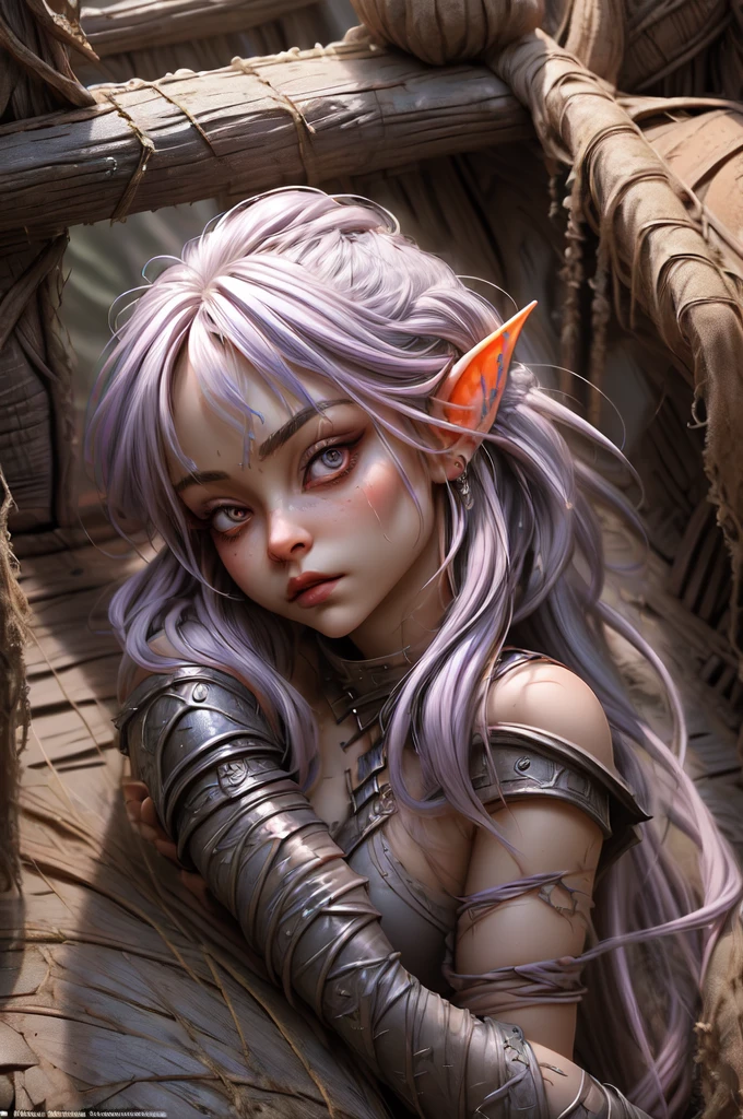 A close-up portrait of a beautiful female gnome character with sabrina, lavender hair, short hair and blunt bangs. She has a serious, determined expression with highly detailed and expressive eyes, delicate features, sensual lips, and flawless complexion. The character is wearing a fantasy black leather armor with long claws and long nails, appearing as a rogue or fighter. The scene is set in a fantasy environment, possibly inside stone chambers with beautifully adorned columns, creating an ethereal, dreamy and romantic atmosphere. The lighting is warm and glowing, with a soft focus and gentle breeze, giving the image a filmic, summer vibes aesthetic. The character's feminine posture and graceful movements are seamlessly integrated with the detailed background, resulting in a visually stunning and professional-quality artwork.