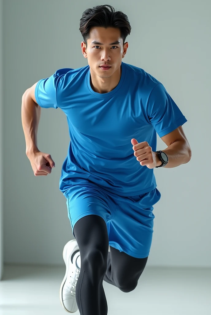 Asian,male,Blue sports shirt,Blue shorts,black tights,White socks,White sneakers