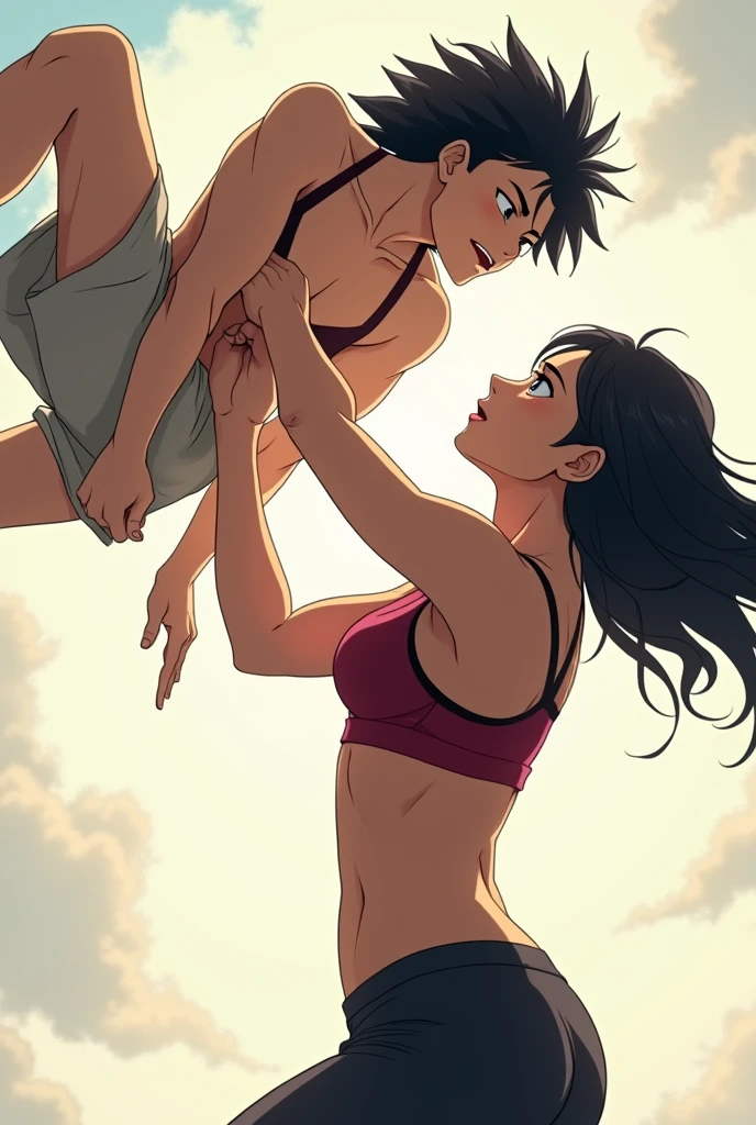 anime art, The girl lifted and held the man high above her head, one hand holds the man by the groin, view from the back, full height
