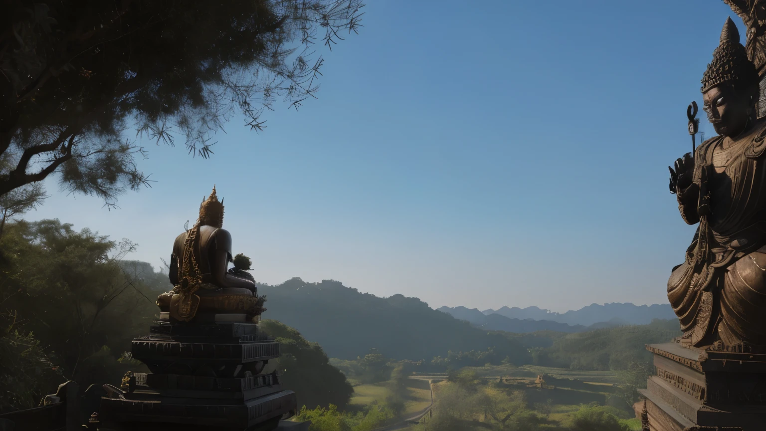 Black Myth: Wukong stands in the land temple and looks at a huge Buddha statue in the distance