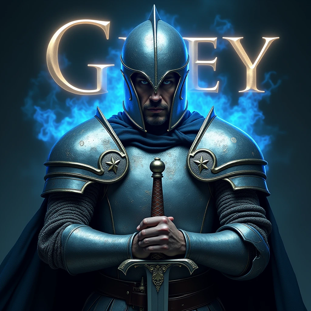 A realistic photograph of a male Templar warrior of English descent, wearing elaborate, shiny silver armor and an intimidating helmet. He grips a sword with determination, as vibrant blue glows flicker around him, enhancing his fierce pose. The name "Grey" is displayed prominently in gothic letters behind him, illuminated by the blue glows.