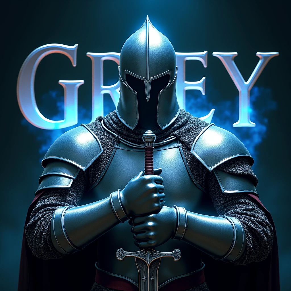A realistic photograph of a male Templar warrior of English descent, wearing elaborate, shiny silver armor and an intimidating helmet. He grips a sword with determination, as vibrant blue glows flicker around him, enhancing his fierce pose. The name "Grey" is displayed prominently in gothic letters behind him, illuminated by the blue glows.