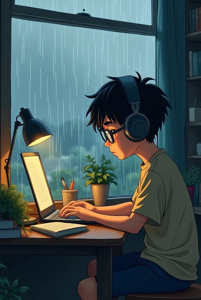 A anime boy is listening music with headphones and reading and writing on his desk near the window. Outside the window is raining . Headphone on . Make it more old cartoonistic. Side view