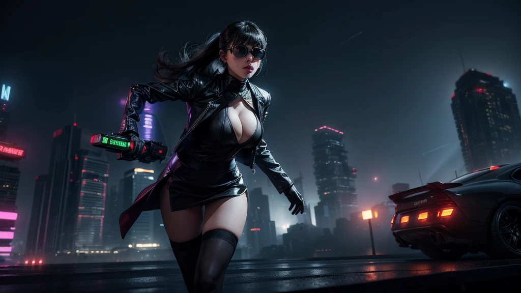 (Wide angle view). Blade Runner style futuristic city, simple outlined neon tall buildings, glowing giant clock tower, flying cars, helicopter, lightning, 3D rendering Beeple. At night, (1girl, solo, alone), photorealistic, medium- slim:0.6 body, oval:0.5 face, cleavasexy black lacbra, glove, deep-V, (very low angle view of miniskirt), white laced panty, coat, (Mattyle black micro sunglasses), ((aiming viewer with a short gun)), (running pose), (half-body thigh level close-up shot), cinematic lighting, ray tracing.
