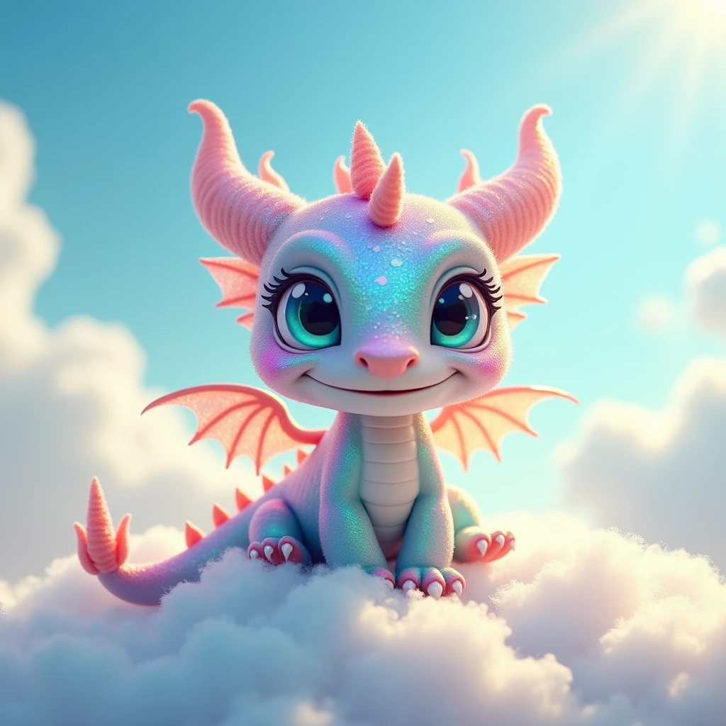 Create a whimsical image of a tiny dragon with iridescent, multicolored scales that sparkle in the light. The dragon should have oversized, expressive eyes and delicate, transparent wings that glisten with a soft, pastel hue. It should be sitting playfully on a bed of fluffy clouds, with a cheerful, toothy grin. The background should be a bright, sunny sky with a few fluffy, white clouds to emphasize the dragon’s cheerful and happy demeanor.
