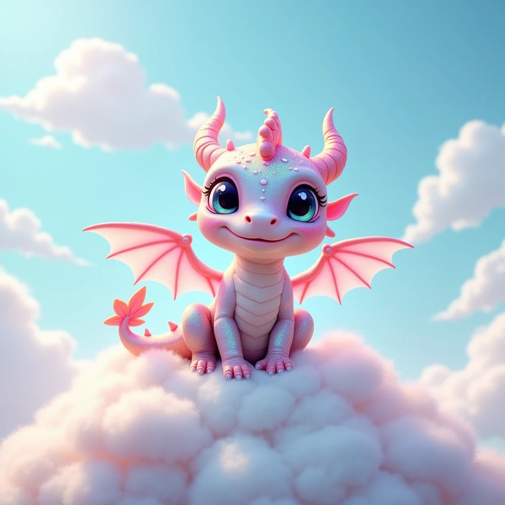 Create a whimsical image of a tiny dragon with iridescent, multicolored scales that sparkle in the light. The dragon should have oversized, expressive eyes and delicate, transparent wings that glisten with a soft, pastel hue. It should be sitting playfully on a bed of fluffy clouds, with a cheerful, toothy grin. The background should be a bright, sunny sky with a few fluffy, white clouds to emphasize the dragon’s cheerful and happy demeanor.