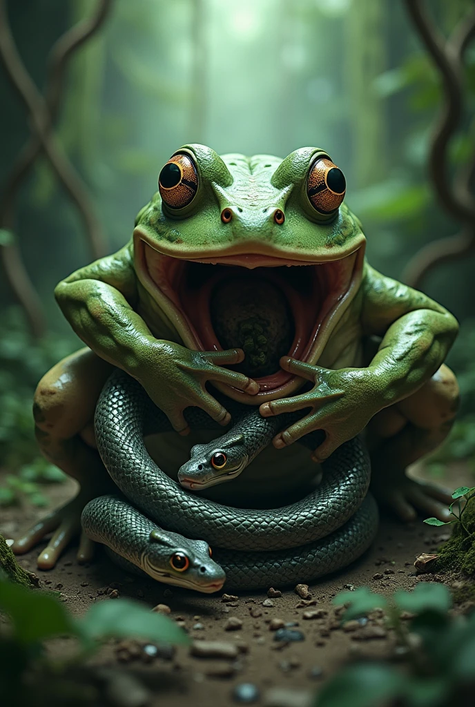 Frog putting snake to his mouth