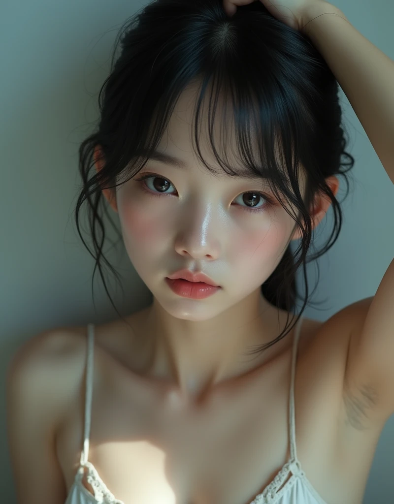 Realistic glowing skin, (発Sweat:1.8),sitting backwards,Look back at your face,Always look at the camera,(発Sweat:1.8),(Beautiful nipples in real life:1.6),,(whole body:1.9),(発Sweatしたリアルな白い肌:1.9),White socks, (Black leather shoes:1.8),
,Cold look,Cold Stare,Black Hair,short hair,Tie your hair short,Silky translucent white skin,,(Very detailed美しい顔), Great face and eyes, (Highest quality:1.4), (Very detailedな), (Very detailed CG 統合 8k 壁紙), Very detailed, High resolution raw color photos, Professional photography, Realistic portrait,Sweat,,(A Cup:1.9),(Flat Chest:1.9),(Very small breasts:1.9),(Breast augmentation:0.1),(Small breasts beginning to swell:1.9),(Breasts during puberty:1.9),
, (少女のwhole bodyの詳細なRAW写真), Canon EOS R5 250mm, Sharp focus, Cinema Lighting, (No makeup:1.2), Fine skin, Delicate collarbone,,(Ultra-high resolution:1.6), (Realistic:1.6),,(Japanese junior high school girls:1.9),(whole body:1.8),(Sweatが滴る肌:1.9),(Black pleated skirt for the lower body only:1.9),(Sweatで滲んだ肌:1.9),(Age is :1.9),(Raise one hand above your head:2),(Topless:1.9),Height is 155cm,Non-erect, thin nipples,very small nipples,Natural nipples,Real girl nipples,Not disgusting nipples、 (Armpit hair just starting to grow:1.9),(sit cross-legged:1.9),Sitting cross-legged,Sit, (Sitting cross-legged:1.9),