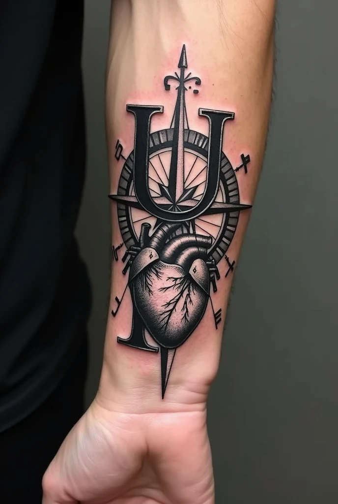 Wrist Tattoo Design for men
U and P Letter, 3d Compass & Heart anatomy Diagram with Minimum Sketch