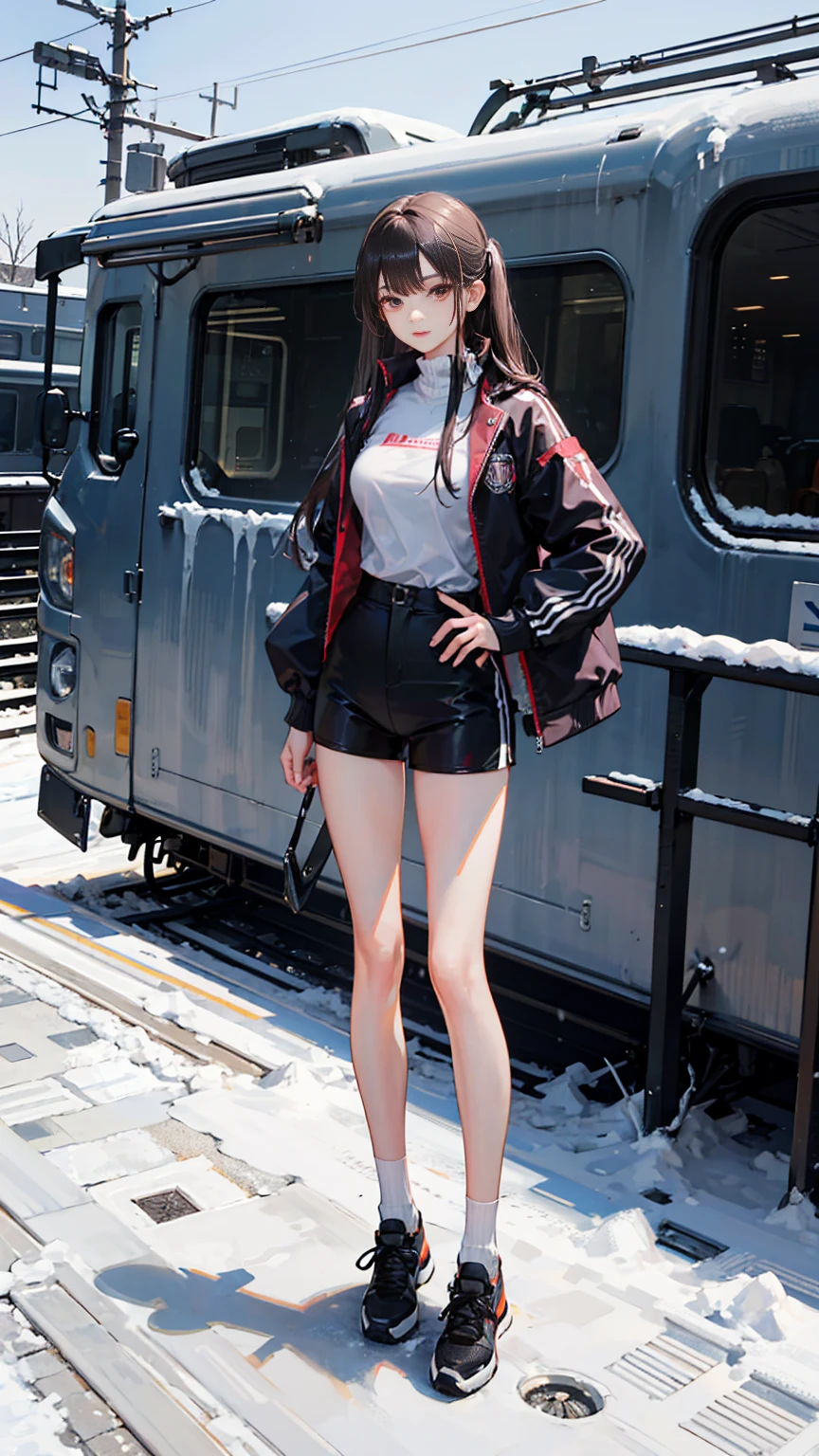 a junior high girl,skinny,long hair,very slim,wearing jacket,bare the waist,very thin waist,wearing short pants,baring the whole legs,white short socks,sport shoes,in the snow,beside a train
