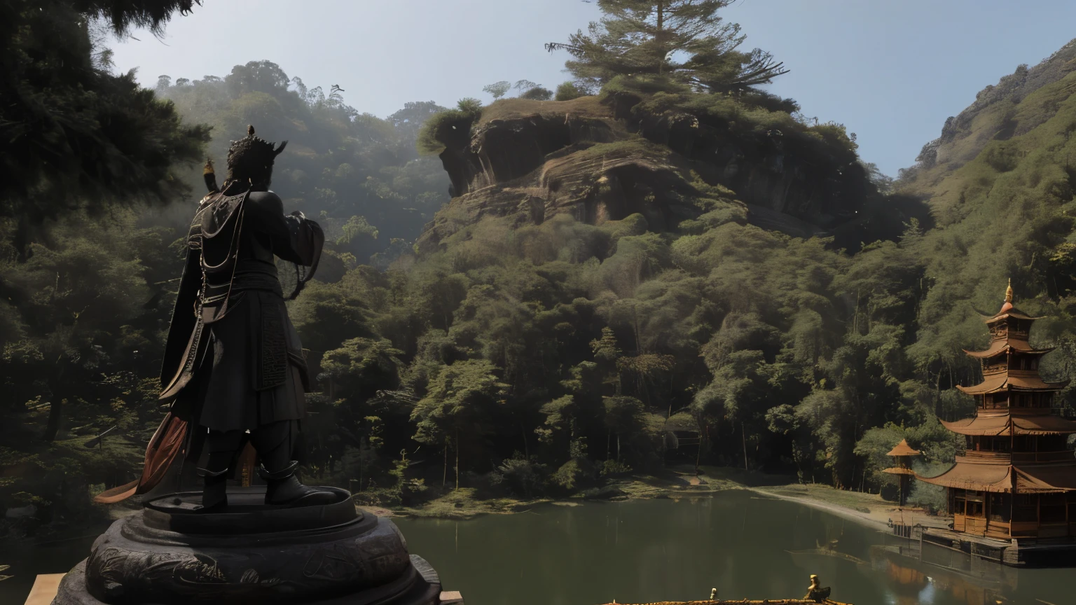 Black Myth: Wukong stands in the land temple and looks at a huge Buddha statue in the distance