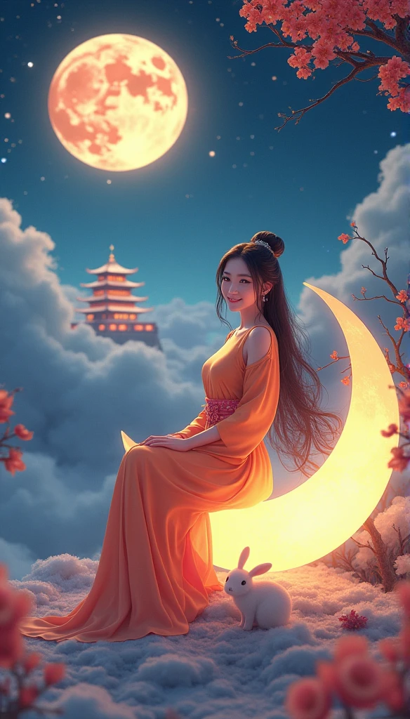 (Full Body Lesbian:1.25),Vision,(Faded:1.3),Very colorful,(masterpiece:1,2),Highest quality,Highly detailed CG 8k wallpaper,Highest quality,High resolution,original,Highly detailed wallpaper,(One person:1.25),One person girl,Fine and beautiful face,Chinese Mid-Autumn Festival,Girl sitting on the moon,In the background you can see a snow-capped Chinese palace.,There is a rabbit at Chang'e's feet,Starry sky and blue earth in the background,