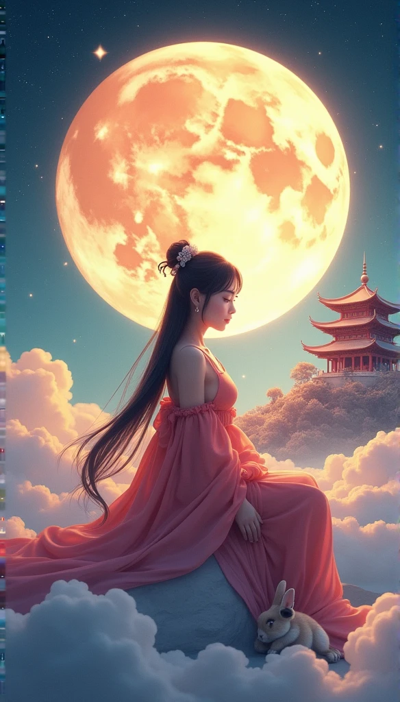 (Full Body Lesbian:1.25),Vision,(Faded:1.3),Very colorful,(masterpiece:1,2),Highest quality,Highly detailed CG 8k wallpaper,Highest quality,High resolution,original,Highly detailed wallpaper,(One person:1.25),One person girl,Fine and beautiful face,Chinese Mid-Autumn Festival,Girl sitting on the moon,In the background you can see a snow-capped Chinese palace.,There is a rabbit at Chang'e's feet,Starry sky and blue earth in the background,