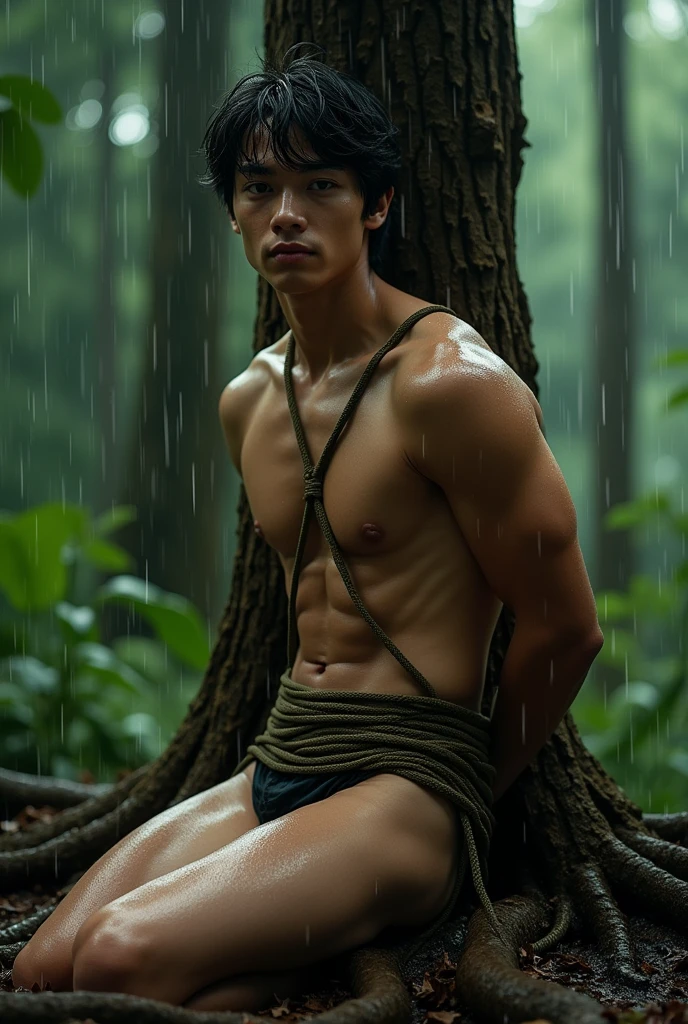 (((muscular,shirtless guy))), (((19yo,slim, muscular, fit twink))), (((ripped sixpack))), ((((Trussed up completely with rope)))), ((((ropes crossed over chest)))), (((body trussed up in tight fitting shibari ropes))), (((beautiful boy))), (((beautiful face, K-pop type))),  (((slim fit body))), ((medium-lenght curtain hairstyle))), (((wearing shorts))) kneeling, (((arms behind back))), Smiling, (((in a rainy forest))), ((leaning against a tree))), (((wet skin and hair)))