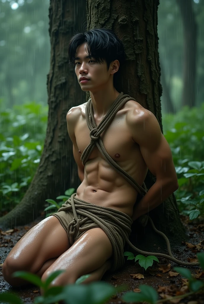 (((muscular,shirtless guy))), (((19yo,slim, muscular, fit twink))), (((ripped sixpack))), ((((Trussed up completely with rope)))), ((((ropes crossed over chest)))), (((body trussed up in tight fitting shibari ropes))), (((beautiful boy))), (((beautiful face, K-pop type))),  (((slim fit body))), ((medium-lenght curtain hairstyle))), (((wearing shorts))) kneeling, (((arms behind back))), Smiling, (((in a rainy forest))), ((leaning against a tree))), (((wet skin and hair)))