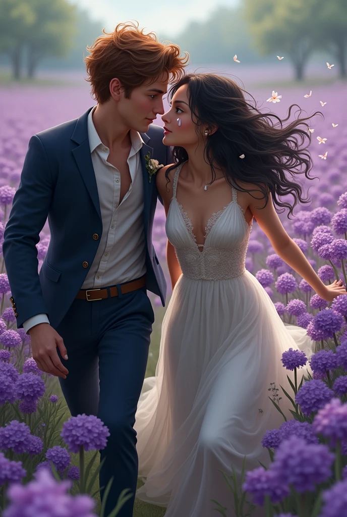  boy, offwhite, blue colored eyes, chestnut hair, groom dress, running with a  indigenous girl with brown eyes and dark curly hair, crying tears of flowers, torn wedding dress, in a bunch of purple flowers, desperation, melancholic scene