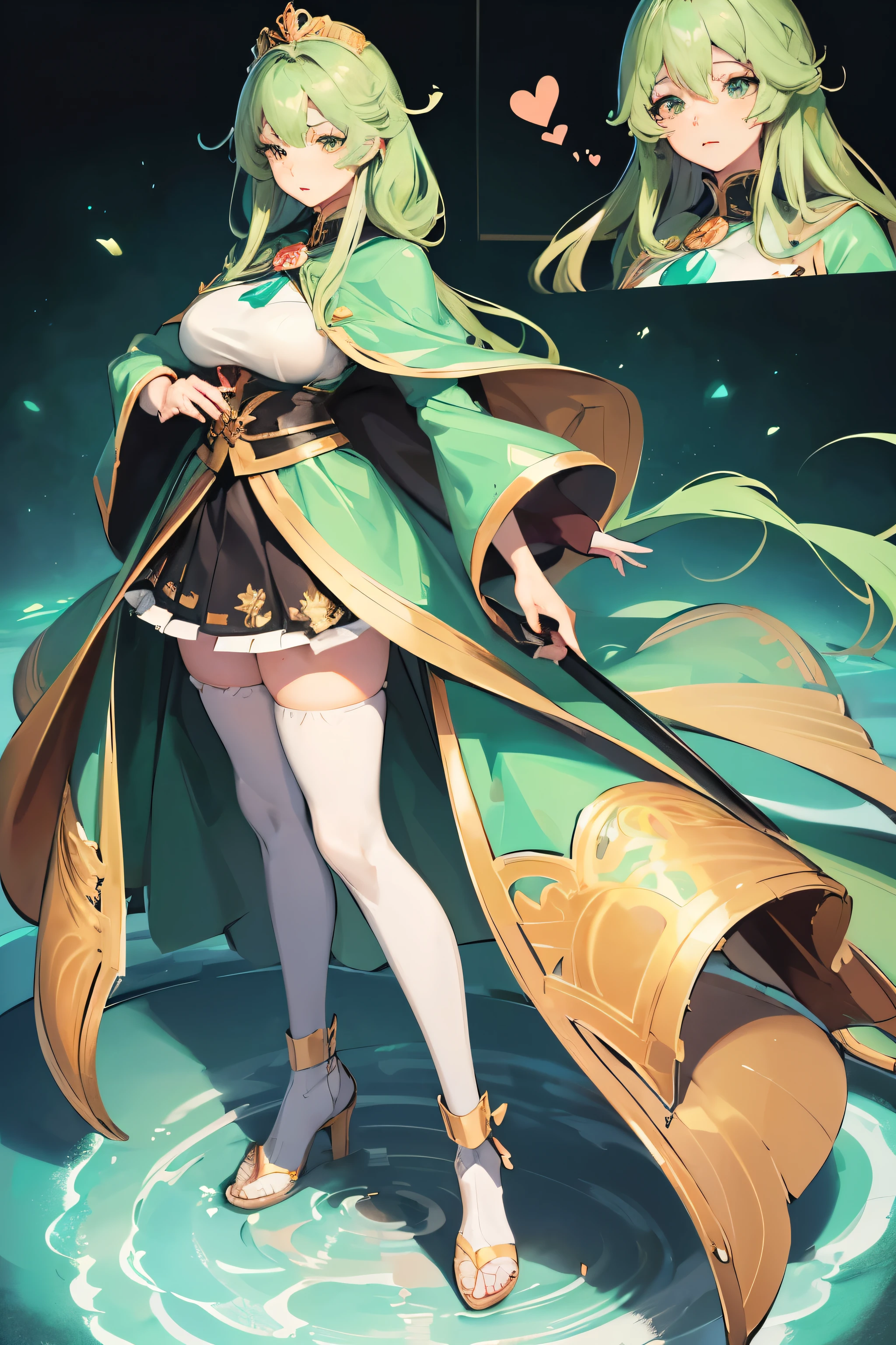 Ultra detailed (full body illustration of a gorgeous anime girl)a female anime character with beautiful figure, very detailed face, rosy lips and cheeks, long hair, cute face, green eyes, wearing skirt and kings cape. beautiful color scheme, character design, concept art , perfect anatomy, 85mm lens shot, 4k, UHD.