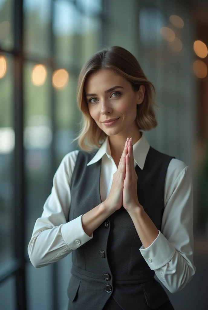 1 woman, mature woman, vest, curtsey, picture, realistic, best quality, hire, detailed face, office, building from window, detailed background, Diffused sunlight, depth of field, bokeh