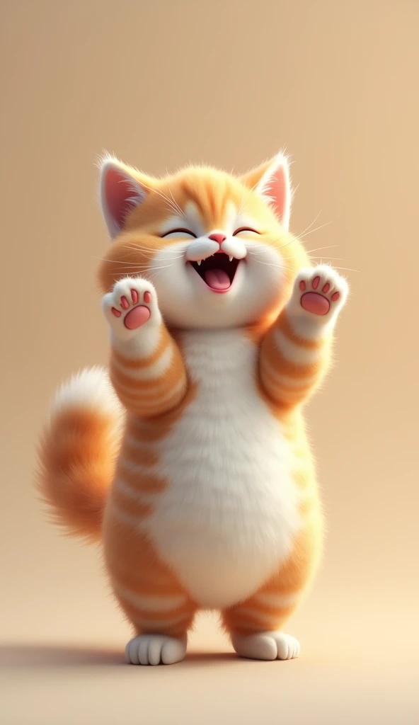 Cat cute. Adorable standind. Both hands up . Ready to dance