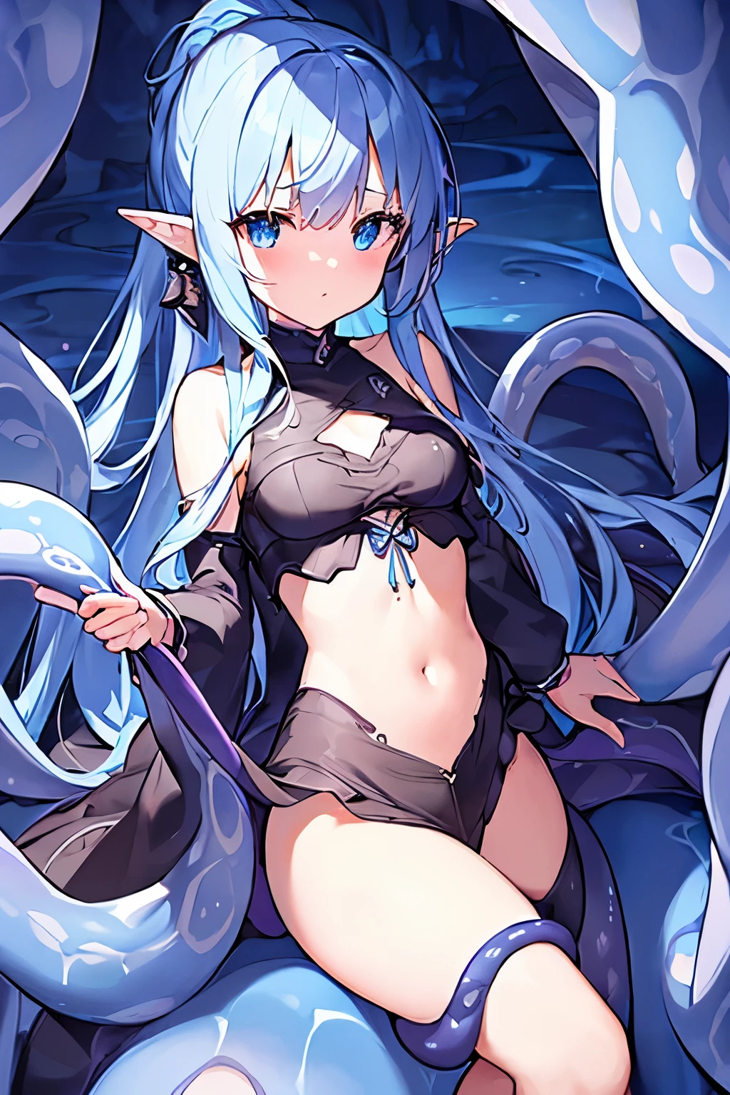 (4K、high resolution、Detailed light、Detailed Shadows、Detailed Design)、1 girl、Light blue hair、Long Hair、ponytail、Fantasy Clothing、Priest、Radical、((Bustier))、cave、resist、((Clothes get torn、Monster with tentacles、Sex))