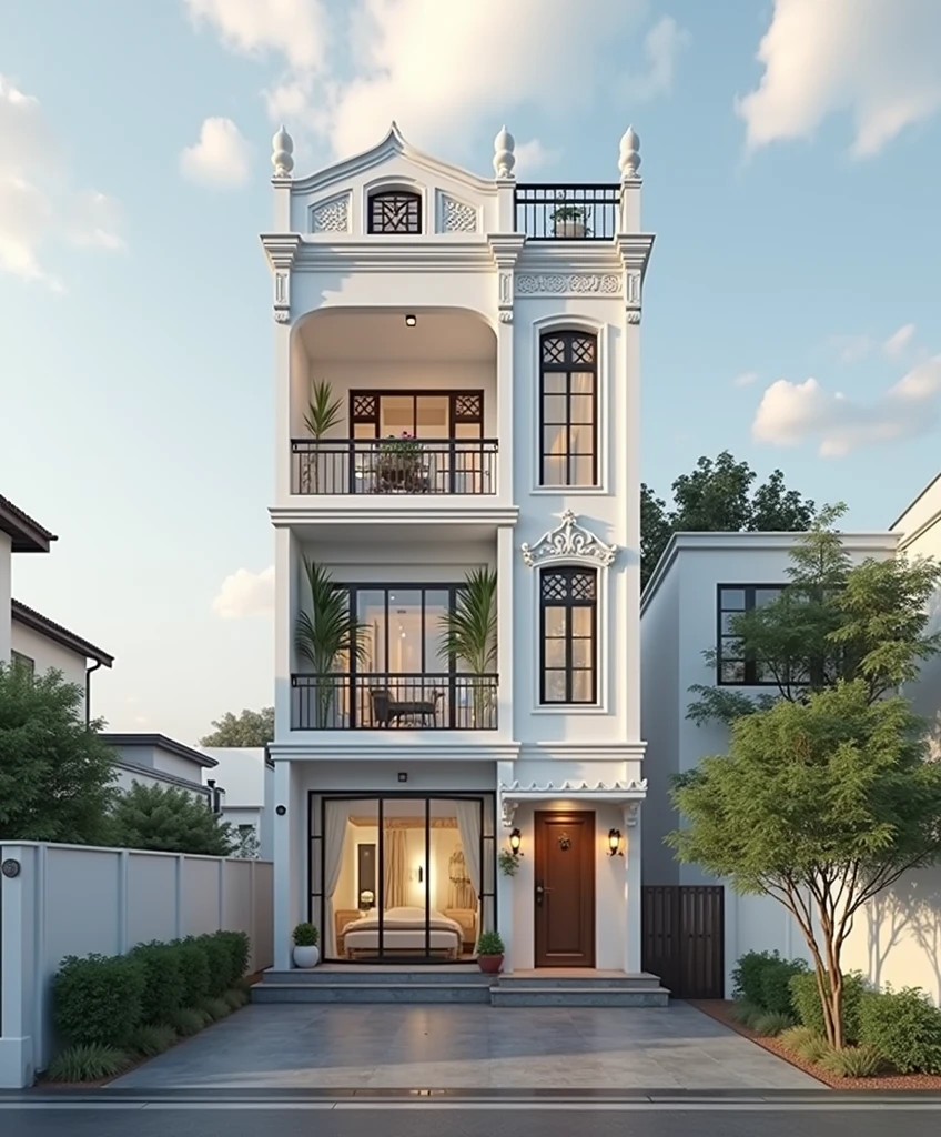 (Townhouse in town ,close houses and trees), ((indochine style architecture)) day light ( best quality) ((haute solution)) ,(( photo realistic)) ,Warm light, soft lighting, Ambiance chaleureuse,high resolution, super detailed,4K ,rendu vray, rendering of'octane, hyper realistic, expert en photographie ,exterior design , photographie professionnelle, outdoor photography,Prise de vue grand angle , ultra detailed , high resolution , Full frame, tout le corps