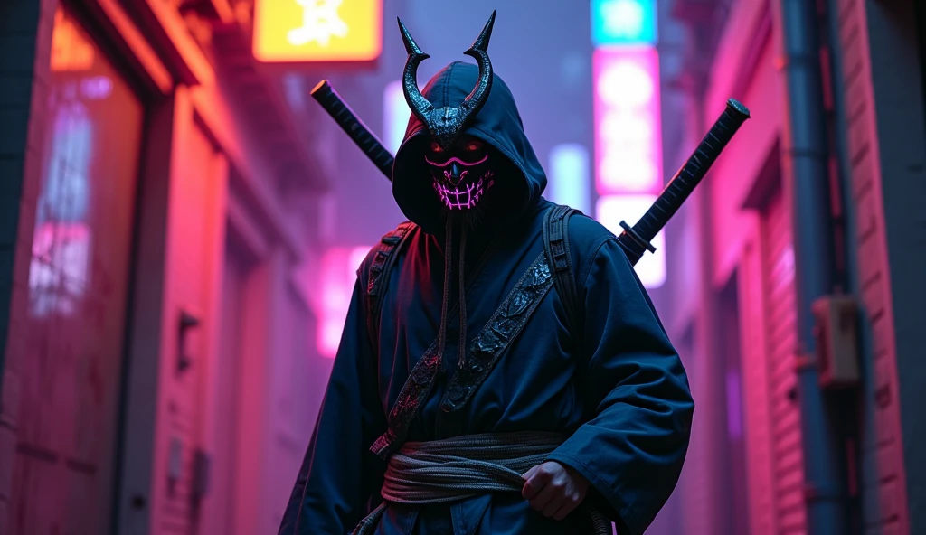 Make a samurai ninja sit down a neon-lit alley I got a little dirty while he has his hand in his pocket and an oni mask in his mouth, he has a very large katana on his back with a neon dragon-shaped mask, make him walk backwards with the camera angle from bottom to top and the giant katana on his back with a dragon shape with a yellow neon