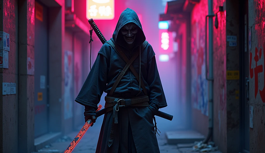 Make a samurai ninja sit down a neon-lit alley I got a little dirty while he has his hand in his pocket and an oni mask in his mouth, he has a very large katana on his back with a neon dragon-shaped mask, make him walk backwards with the camera angle from bottom to top and the giant katana on his back with a dragon shape with a yellow neon
