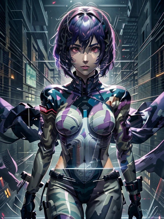 Ghost in the Shell, Motoko Kusanagi, very beautiful face, Purple short bob cut, Slightly asymmetrical bangs, red eyes, ((Optical Camouflage Suit, Optical camouflage suit from the neck down), (Double exposure on the neck down:1.3, double exposure), Jump up into the sky, view From above, Facing the camera, The background is Tokyo's buildings at night, Reflective and shiny, ((Night Scenery)), Lots of window lights, Glitching, ((masterpiece, best quality, high resolution))