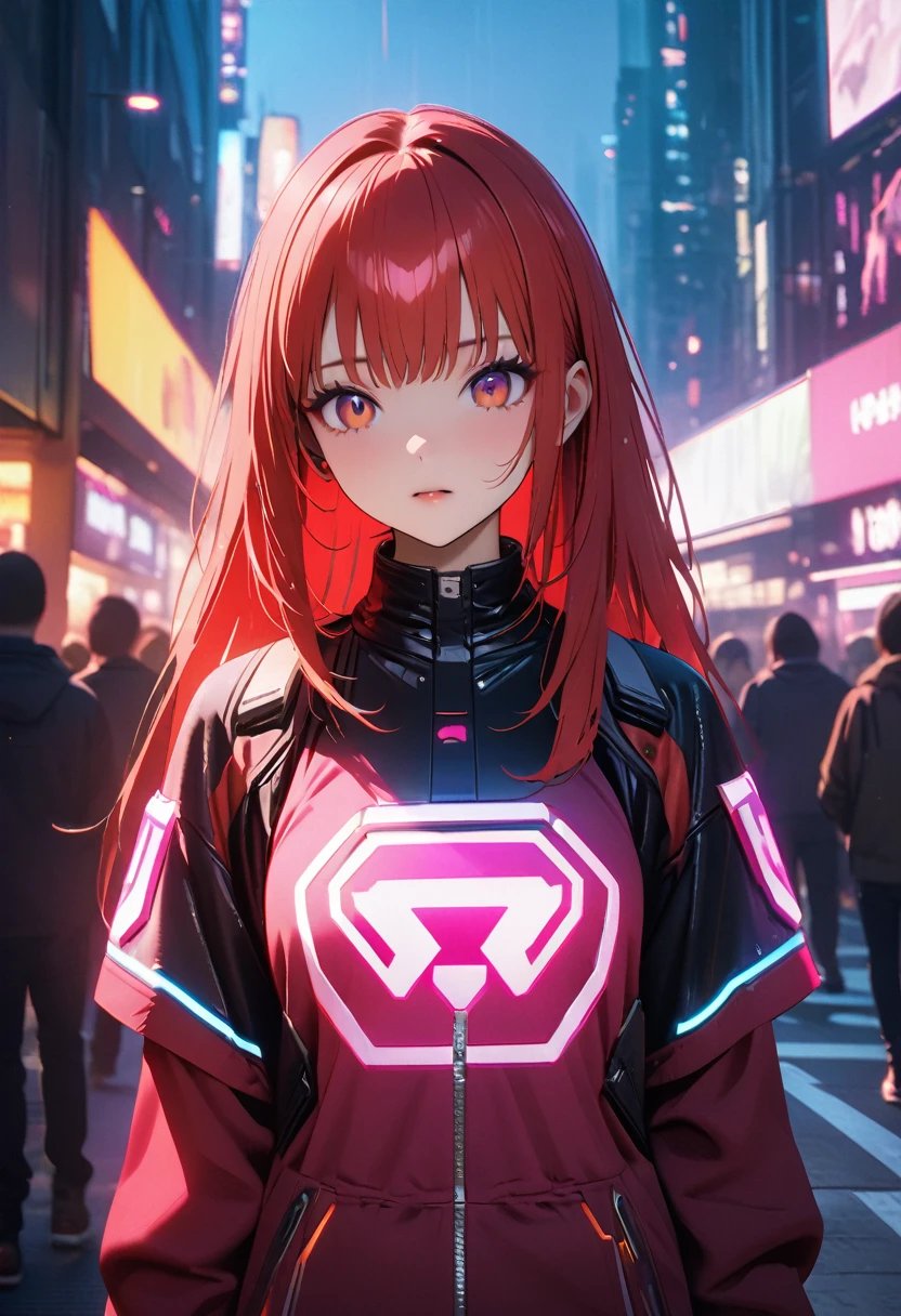 (Highest quality、4K、8k、High resolution、masterpiece:1.2)、Very detailed、Picturesque、Animated Photography、Photo Animation:1.37)、(((CCyberpunk)))、Cyborg、women、red hair、long hair、stars ornament、Nakano May