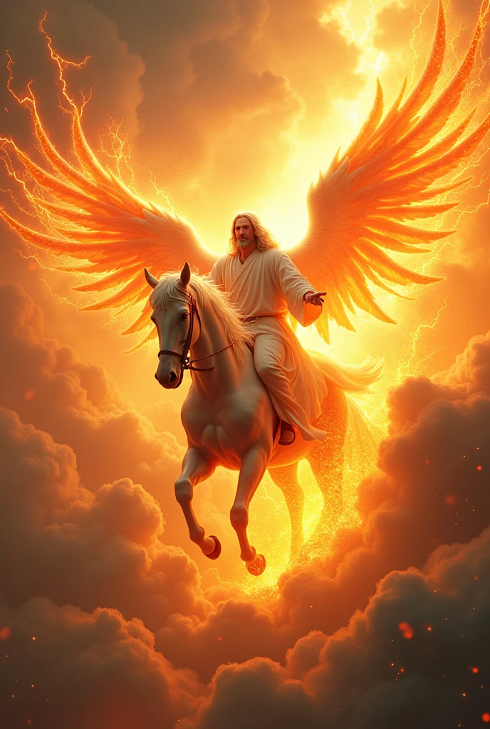 Jesus in white robes with flaming eyes and hair as white as snow descending from heaven riding a horse of fire with a great army of angels of fire and lightning.