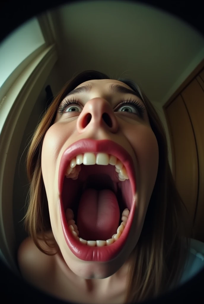 Pov when the stepmother&#39;s face is looking at you and has opened her mouth and wants to eat you because her body is big and tall, she wants to put you in her stomach because she is pregnant while in the room alone., fish eye view, iphone camera style. HD, realface