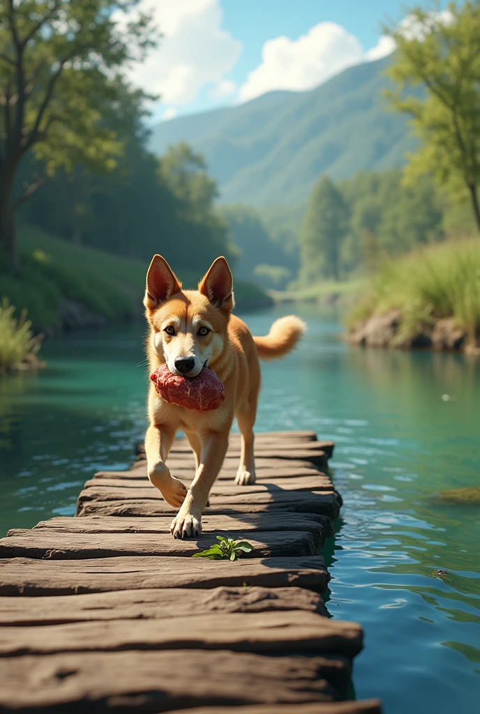 A wooden bridge over a calm, clear river, with a dog cautiously crossing it, carrying a piece of meat. Hyper realistic ultra hd