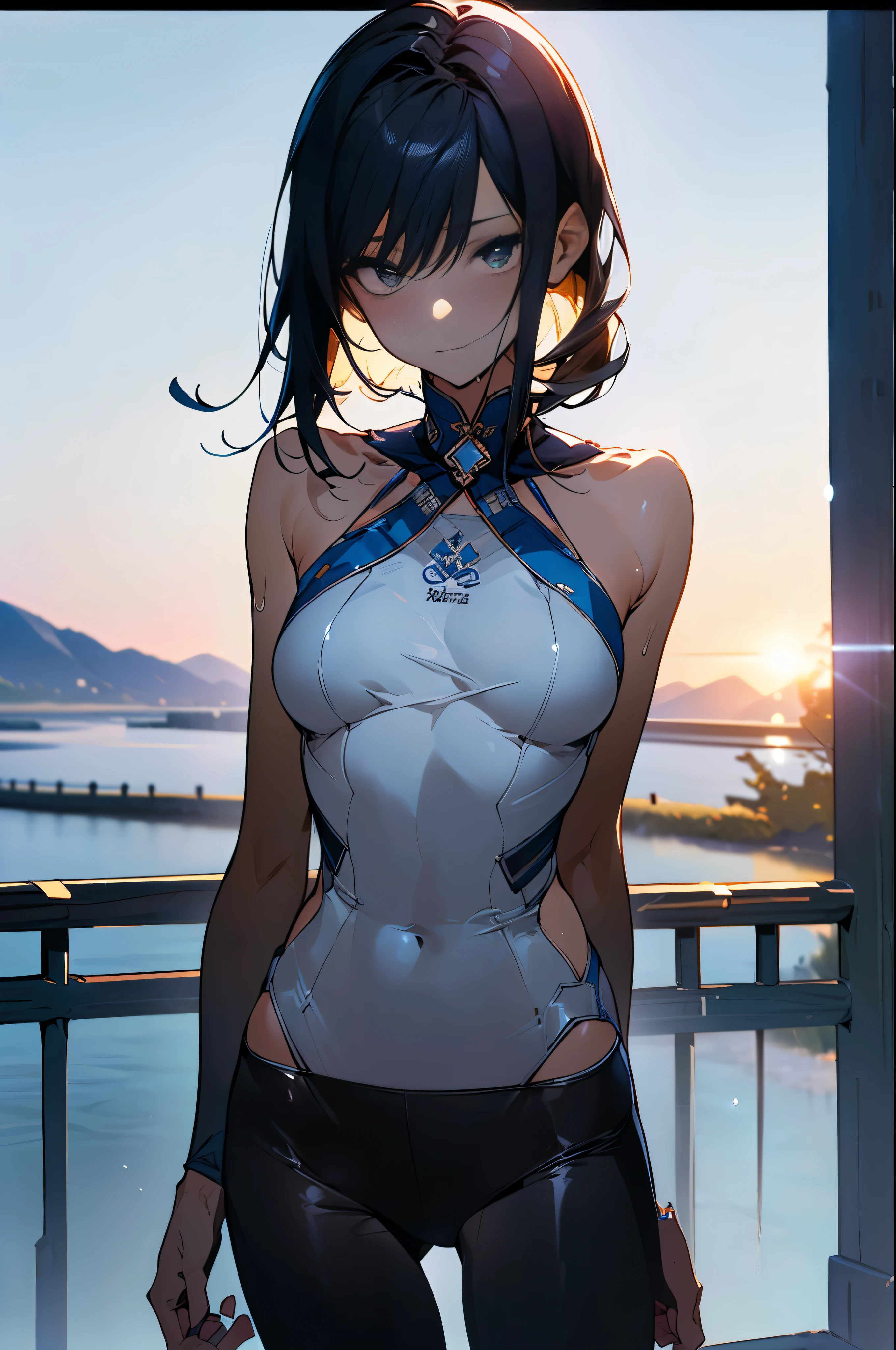 masterpiece,(Perfect Anatomy),Cowboy Shot,(1 Female,alone),Cowboy Shot,20 year old beauty,((Wearing sports micro shorts:1.5、Bare legs)),((Sports Bra))、Black Hair,Short Bob Hair,vapor,(Small Head:1.2,skinny:1.4,Slender body,Medium chest,Sweat:1.4,Glowing Skin,Oily skin,Glowing Skin),Are standing,training、playground、Outdoor,army base,