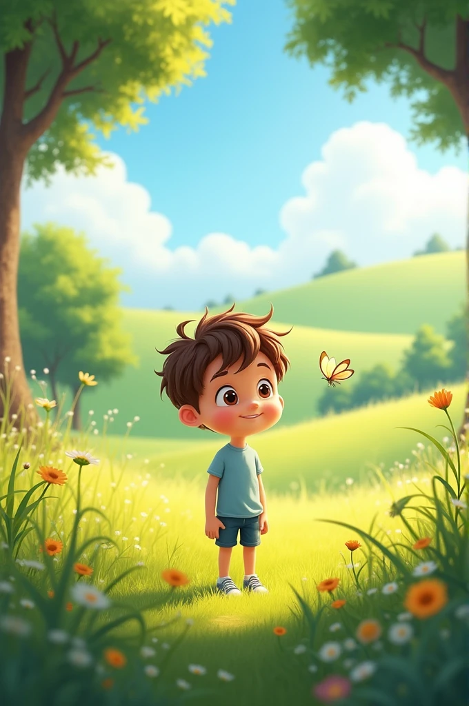 Imagine a cute animation picture featuring a young boy standing in a lush, green meadow. The boy has a cheerful expression, with big, bright eyes and a gentle smile. He’s wearing a simple outfit—a light blue shirt, shorts, and sneakers, with tousled brown hair that sways slightly in the breeze.
The background is vibrant, with tall, swaying grass and a few wildflowers in bloom. A soft, golden sunlight filters through the trees, casting dappled shadows on the ground. In the distance, rolling hills rise gently, dotted with trees, and a clear, blue sky stretches endlessly above, with a few fluffy white clouds drifting lazily by.
A small butterfly flutters nearby, catching the boy's attention as he reaches out towards it. The whole scene exudes a sense of peace, innocence, and connection with nature, with warm colors and a soft, gentle art style.