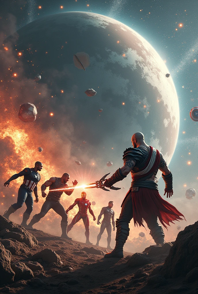 Kratos vs avengers in space fight 