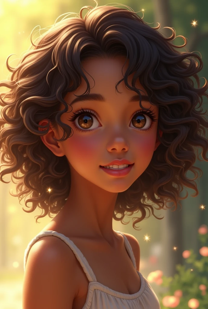 A young girl with brown curly hair and dark skin in semi-realistic anime style 