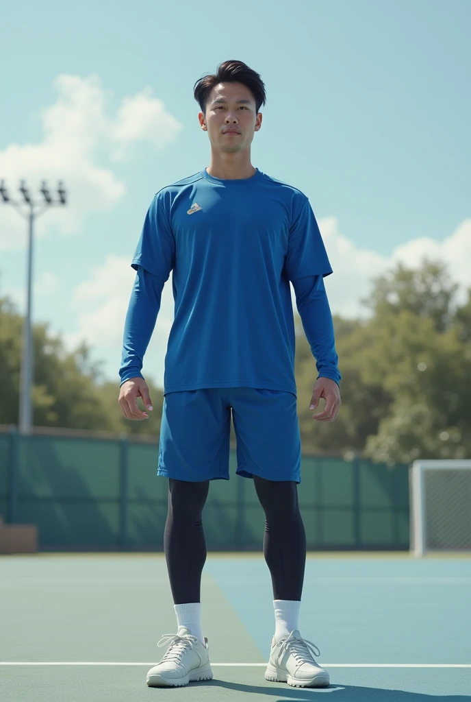 Asian,Are standing,male,Blue sports shirt,Blue shorts,black tights,White socks,White sneakers