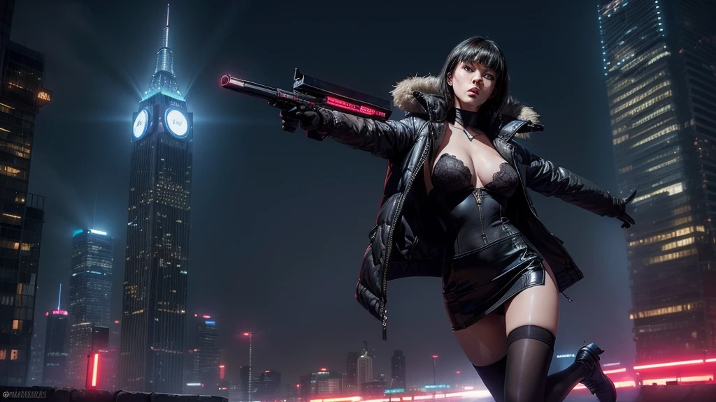 (Wide angle view). Blade Runner style futuristic city, simple outlined neon tall buildings, glowing giant clock tower, flying cars, helicopter, lightning, 3D rendering Beeple. At night, (1girl, solo, alone), photorealistic, medium-breast slim:0.6 body, oval:0.5 face, cleavage:1.1, sexy black laced bra, glove, deep-V, (very low angle view of miniskirt), white laced panty, coat, (Matrix style black micro sunglasses), ((aiming viewer with a short gun)), (running pose), (half-body thigh level close-up shot), cinematic lighting, ray tracing.