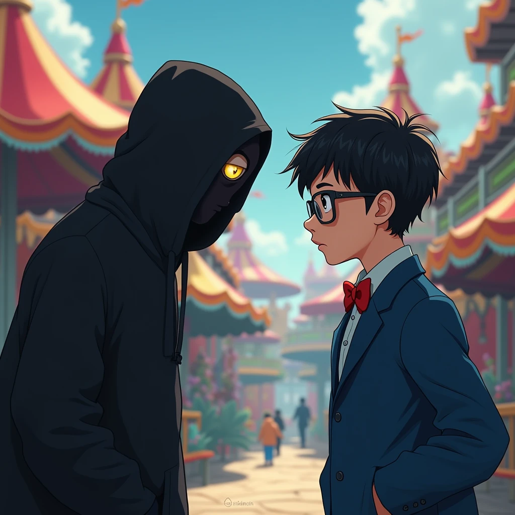 Boy Looks like a child Asian Primary school students Glasses Blue jacket Red bow tie Detailed clothing Next to him was an adult man dressed entirely in black. Suspicious expression Two people facing each other smile amusement park