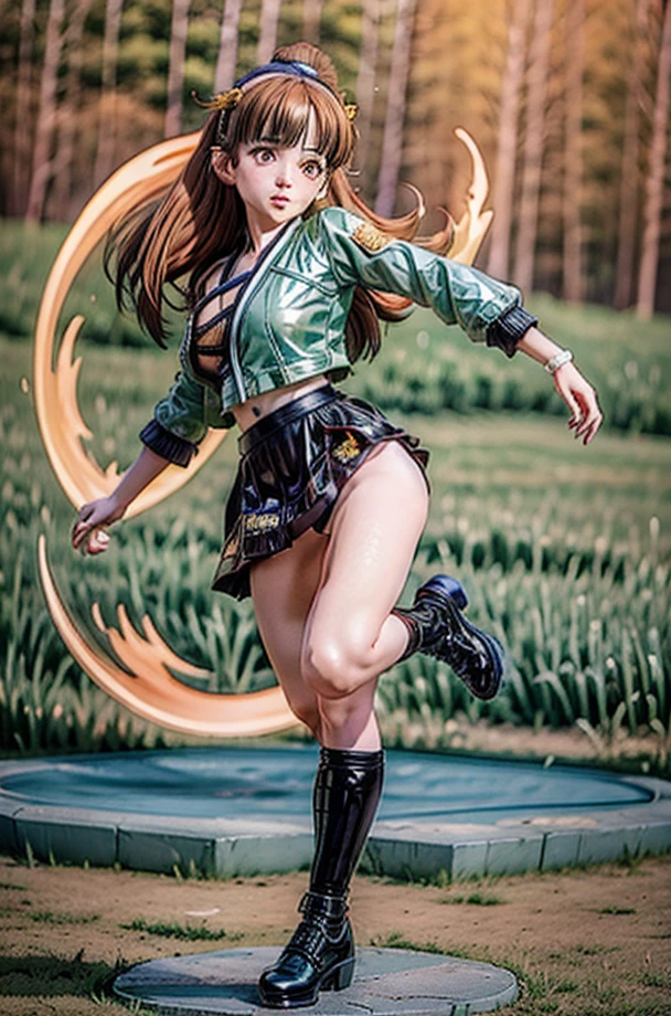1980s \(style\), (80s anime style), ( satonaka chie), (female) that wears green jacket, (black skirt and shoes), dyed light brown bowl-shaped hair, brown eyes, (style-swirlmagic:0.7), looking at viewer, solo, (full body:0.6), detailed background, detailed face, (mongolian steppe nomad theme:1.1), martial artist, dynamic pose, fighting stance, (kicking) colorful martial arts themed clothes, monk robes, watery swamp in background, swirling floating particles, dynamic composition, epic eastern medieval atmosphere,
high quality, highres, fcPortrait, masterpiece,