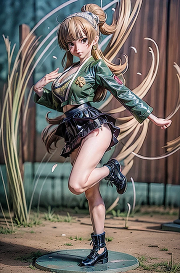 1980s \(style\), (80s anime style), ( satonaka chie), (female) that wears green jacket, (black skirt and shoes), dyed light brown bowl-shaped hair, brown eyes, (style-swirlmagic:0.7), looking at viewer, solo, (full body:0.6), detailed background, detailed face, (mongolian steppe nomad theme:1.1), martial artist, dynamic pose, fighting stance, (kicking) colorful martial arts themed clothes, monk robes, watery swamp in background, swirling floating particles, dynamic composition, epic eastern medieval atmosphere,
high quality, highres, fcPortrait, masterpiece,