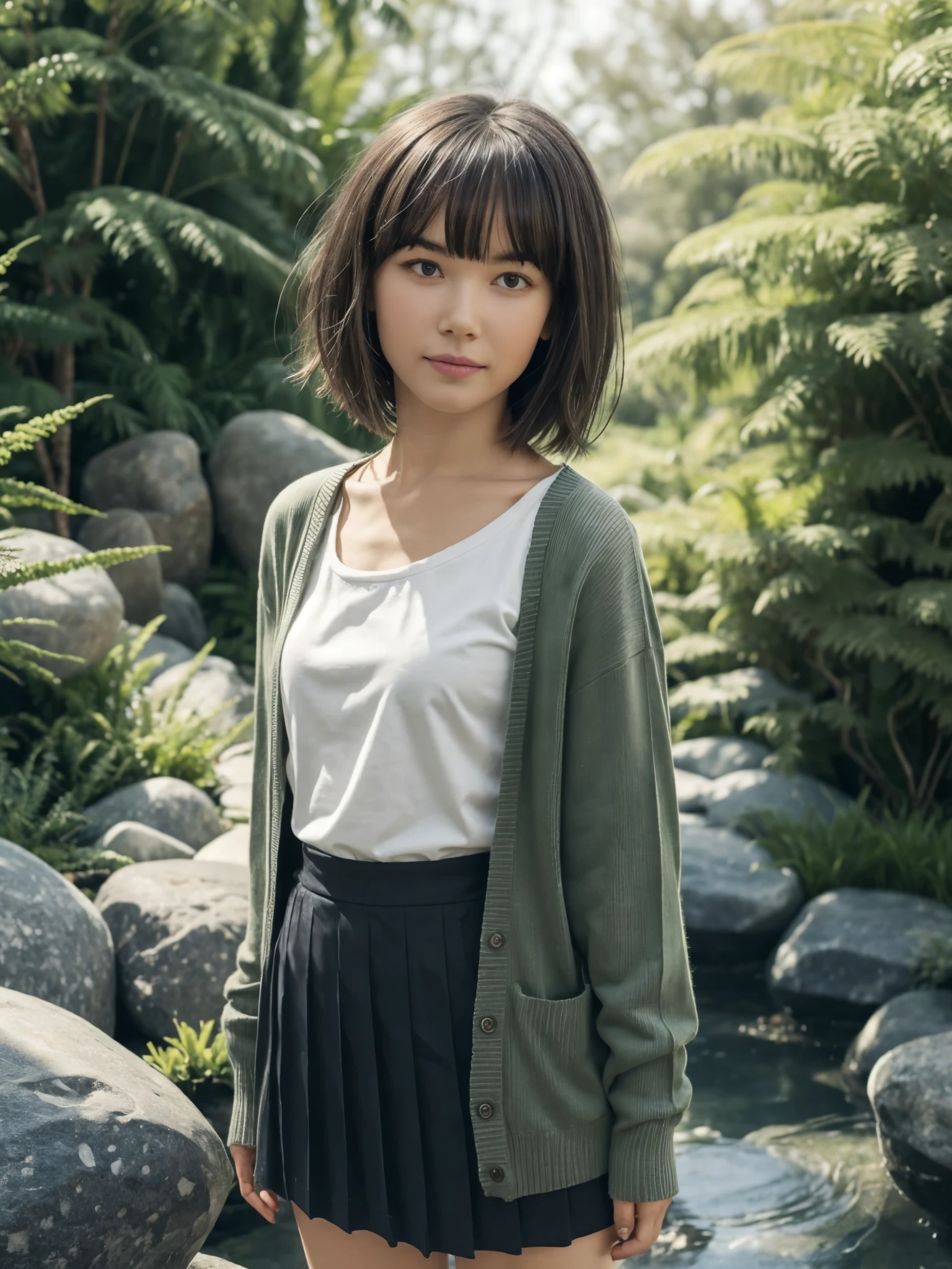 girl, standing, front view, (from above:0.6), both hands and arms in the back, (head tilt:0.8), detailed face, looking at viewer, short bob hair, flat bangs, fully open cardigan, long sleeves, deep round neckline t-shirt, pleated skirt, rock garden, surrounded by carefully arranged stones and lush greenery, succulents, mosses, and low-growing shrubs, soft natural lighting, gentle shadow, relaxed vibes, harmonious garden,