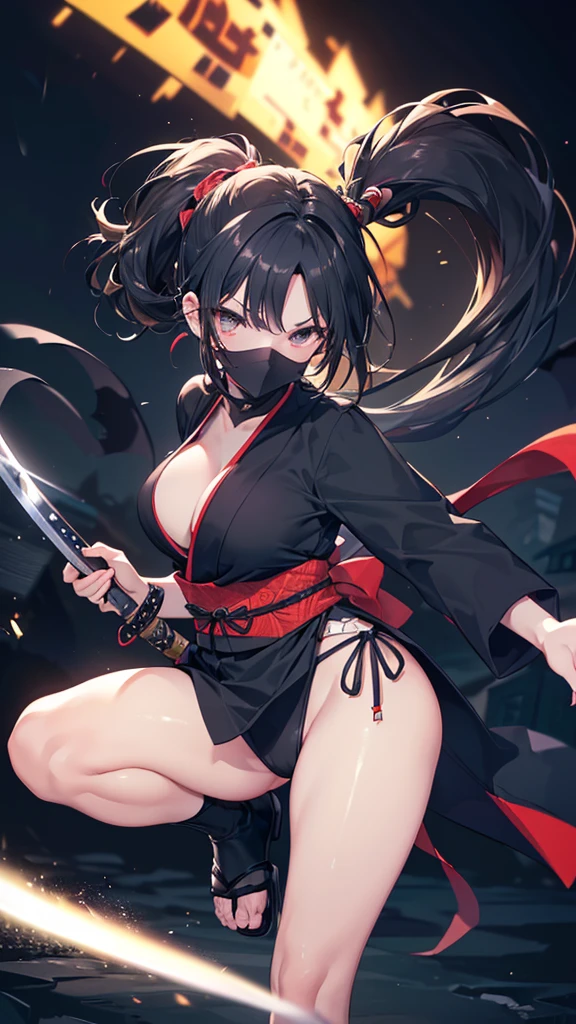 (((Best quality, 8k, Masterpiece: 1.3)), ((best quality)), ((masterpiece)), (detailed), perfect face, black hair, side ponytail, mouth veil, (ninja), female ninja, grim expression, holding a Japanese sword, running in the dark night, Ninja costumes,open legs,shy