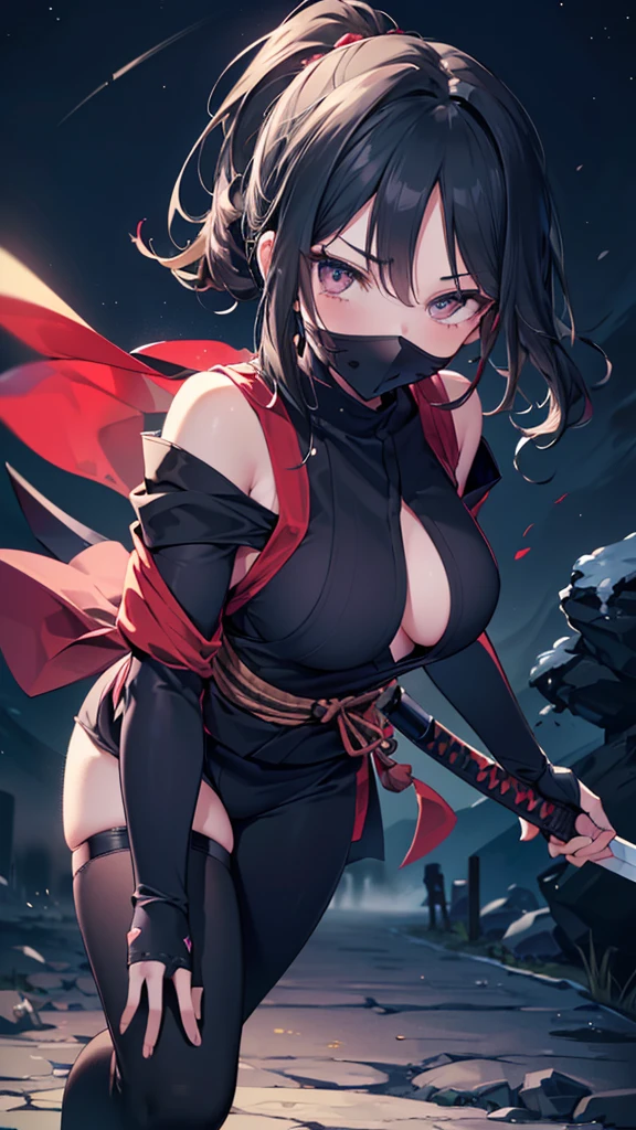 (((Best quality, 8k, Masterpiece: 1.3)), ((best quality)), ((masterpiece)), (detailed), perfect face, black hair, side ponytail, mouth veil, (ninja), female ninja, grim expression, holding a Japanese sword, running in the dark night, Ninja costumes,open legs,shy