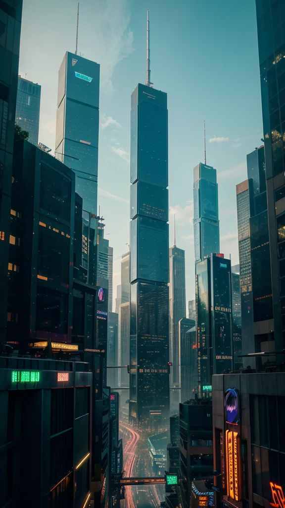 A sprawling futuristic city at dusk, with towering skyscrapers made of glass and metal, flying vehicles, vibrant neon signs, and holographic billboards, surrounded by lush vertical gardens, with a high level of detail and a clean, sharp aesthetic, 4k.