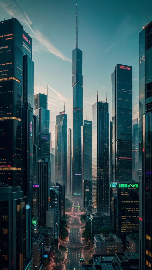 A sprawling futuristic city at dusk, with towering skyscrapers made of glass and metal, flying vehicles, vibrant neon signs, and holographic billboards, surrounded by lush vertical gardens, with a high level of detail and a clean, sharp aesthetic, 4k.