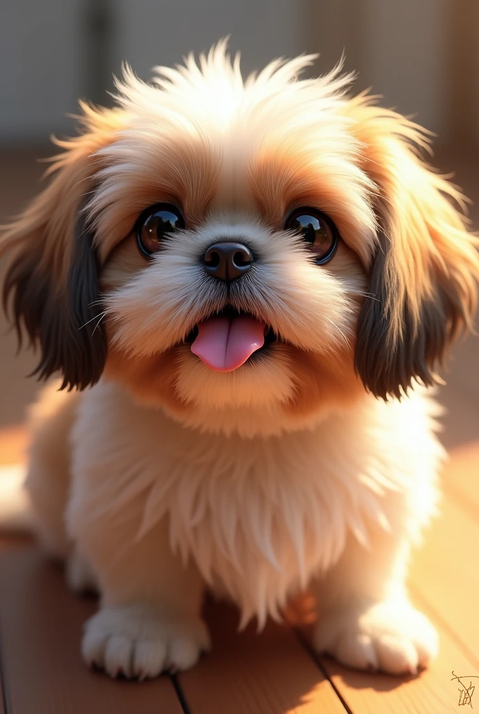 White Shih Tzu, with a fluffy, furry coat that shines in the sunlight. His eyes are large and very expressive., transmitting an unmistakable sweetness. The dog&#39;s ear is long and covered with soft fur., and its snout is small and slightly flattened, giving it a lovely look. The little animal may have its tongue hanging out, looking curious and playful.