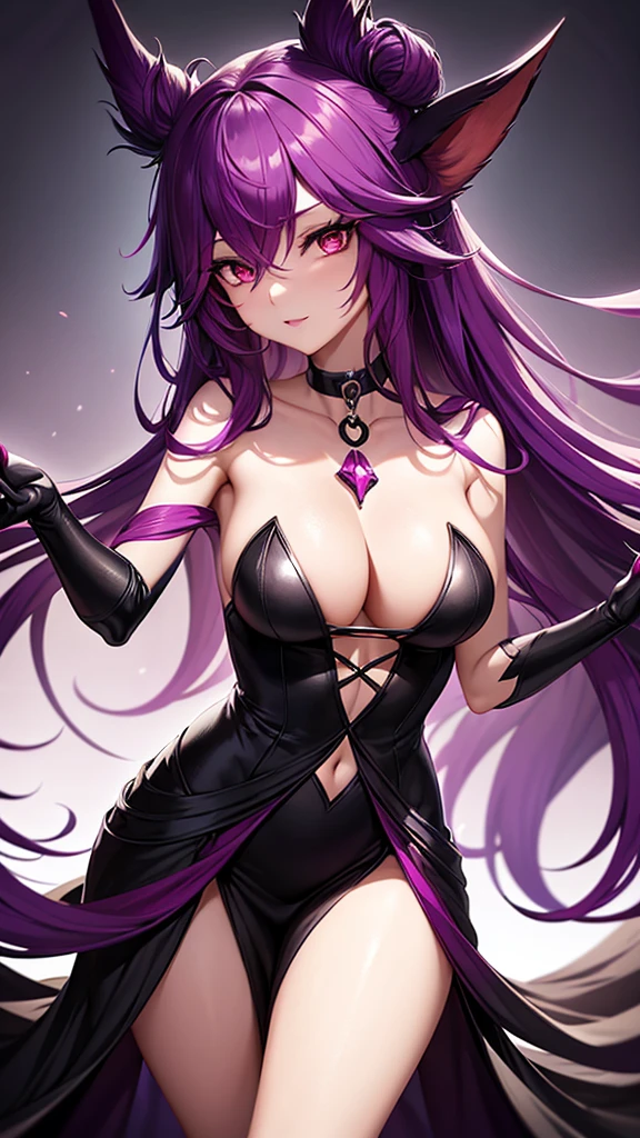 Xayah from League of Legends wearing a black elegant dress with purple details and a black choker on her neck, long magenta hair, gold eyes, Long magenta fox ears in anime style, Madura, shonen, in a dance 